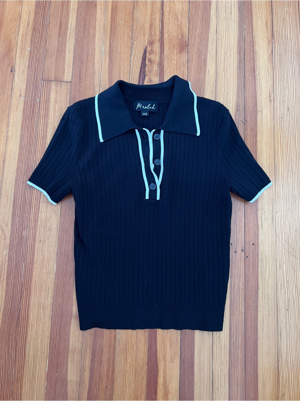 Marled Black Short-Sleeve Polo with Mint Trim